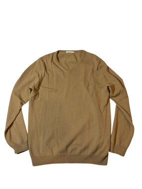WoolOvers Merino Wool V Neck Sweater Camel Tan Minimalist Classic Preppy L